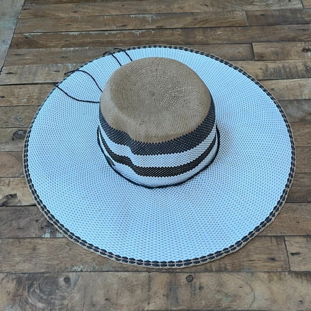 The Scala Collection Straw Sun Hat Black & Blue Stripes Wide Brim Boho Beach
